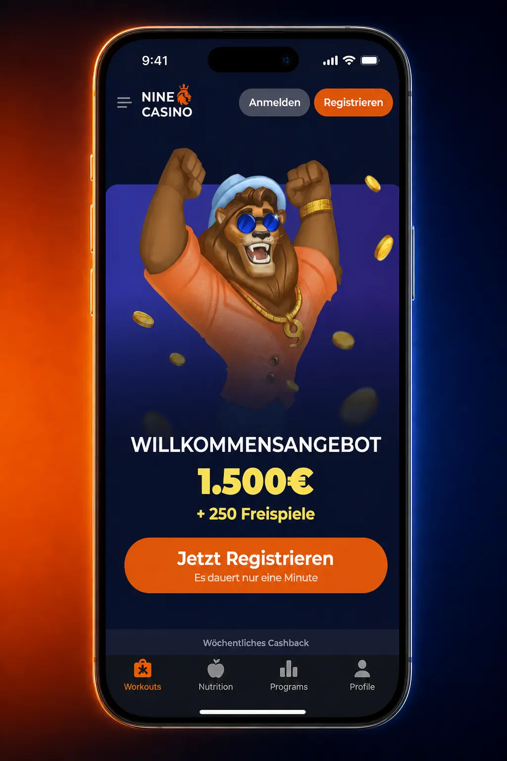 Anleitung zur ersten Sportwette bei Nine Casino: Kategorie wählen, Quote antippen, Einsatz prüfen