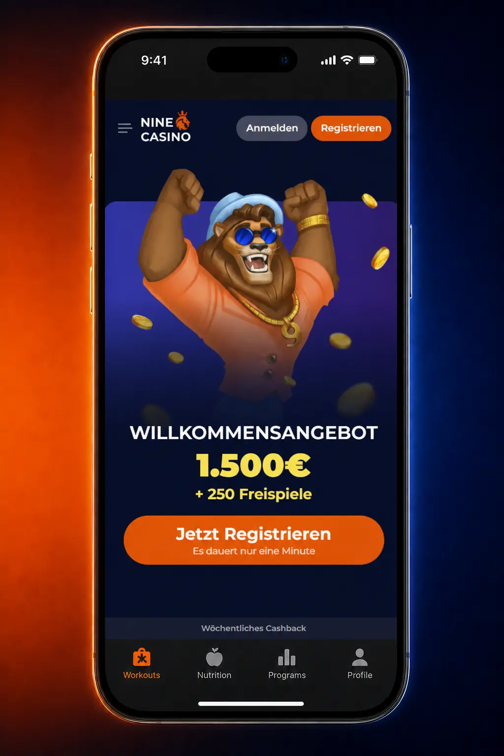 Anleitung zur ersten Sportwette bei Nine Casino mit Auswahl der Quote, Einsatz in EUR und Wettscheinprüfung