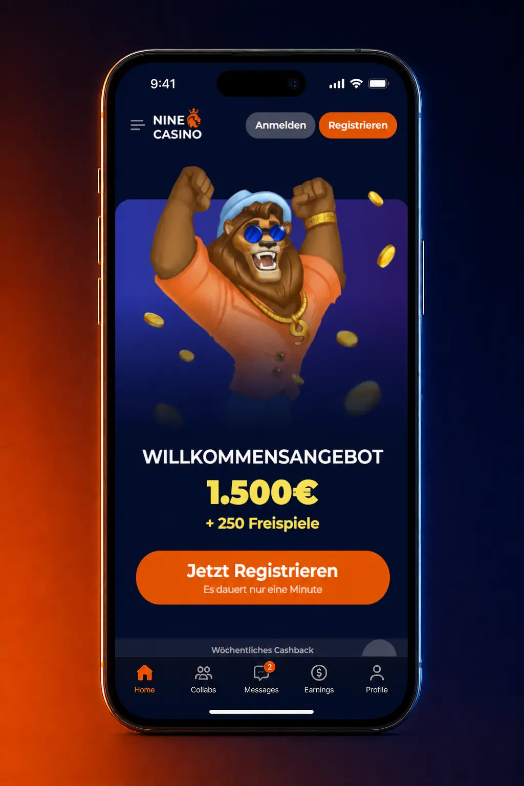 Nine Casino Login in der mobilen Web App mit Navigation zu Casino, Sportwetten, Bonus, Profil und Kassa
