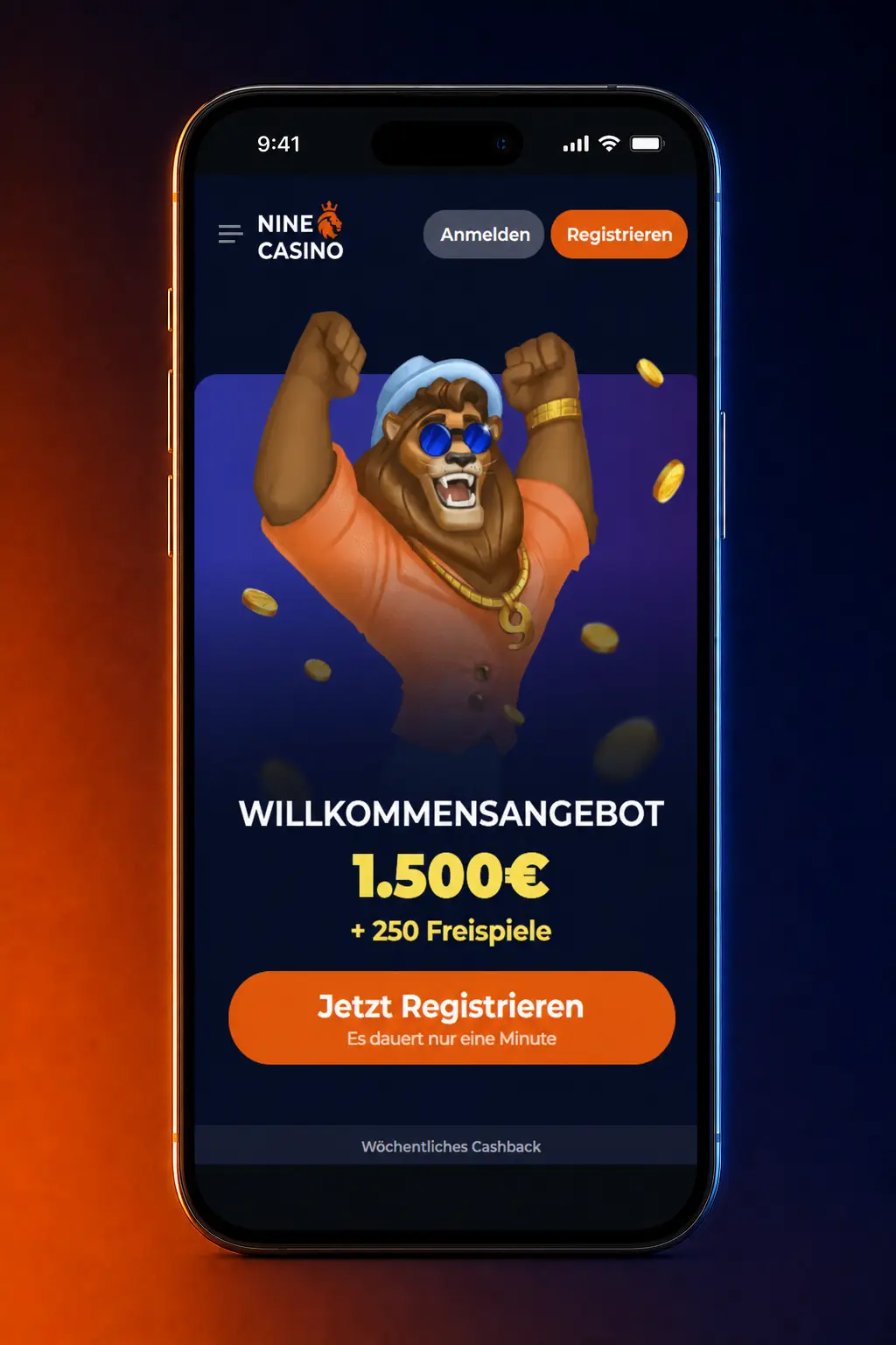 Login bei Nine Casino in der mobilen Web-App mit Profil, Boni und Kassa auf dem Smartphone