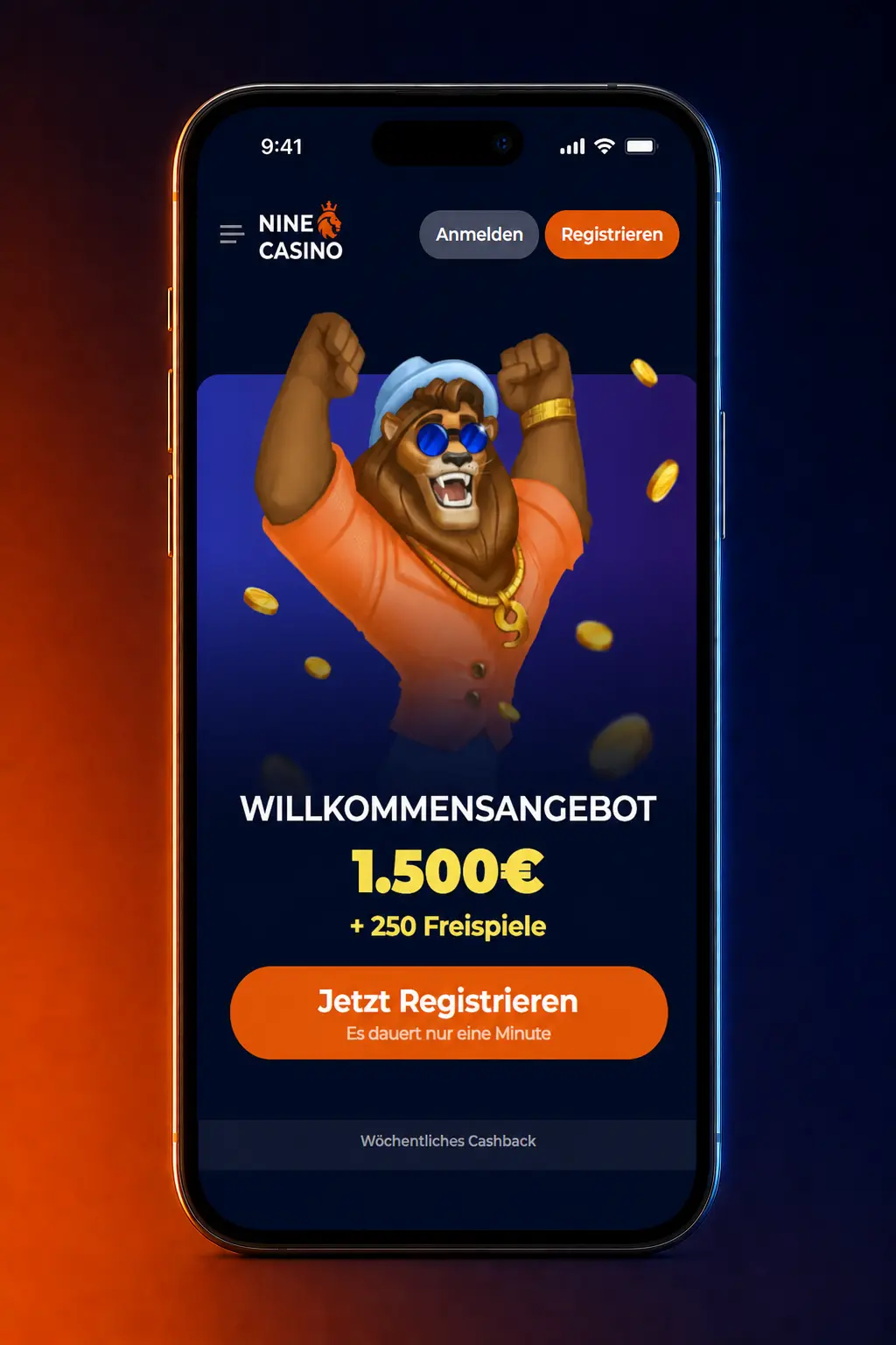 Nine Casino Login in der mobilen Web App mit Casino, Sportwetten, Bonus, Profil und Kassa