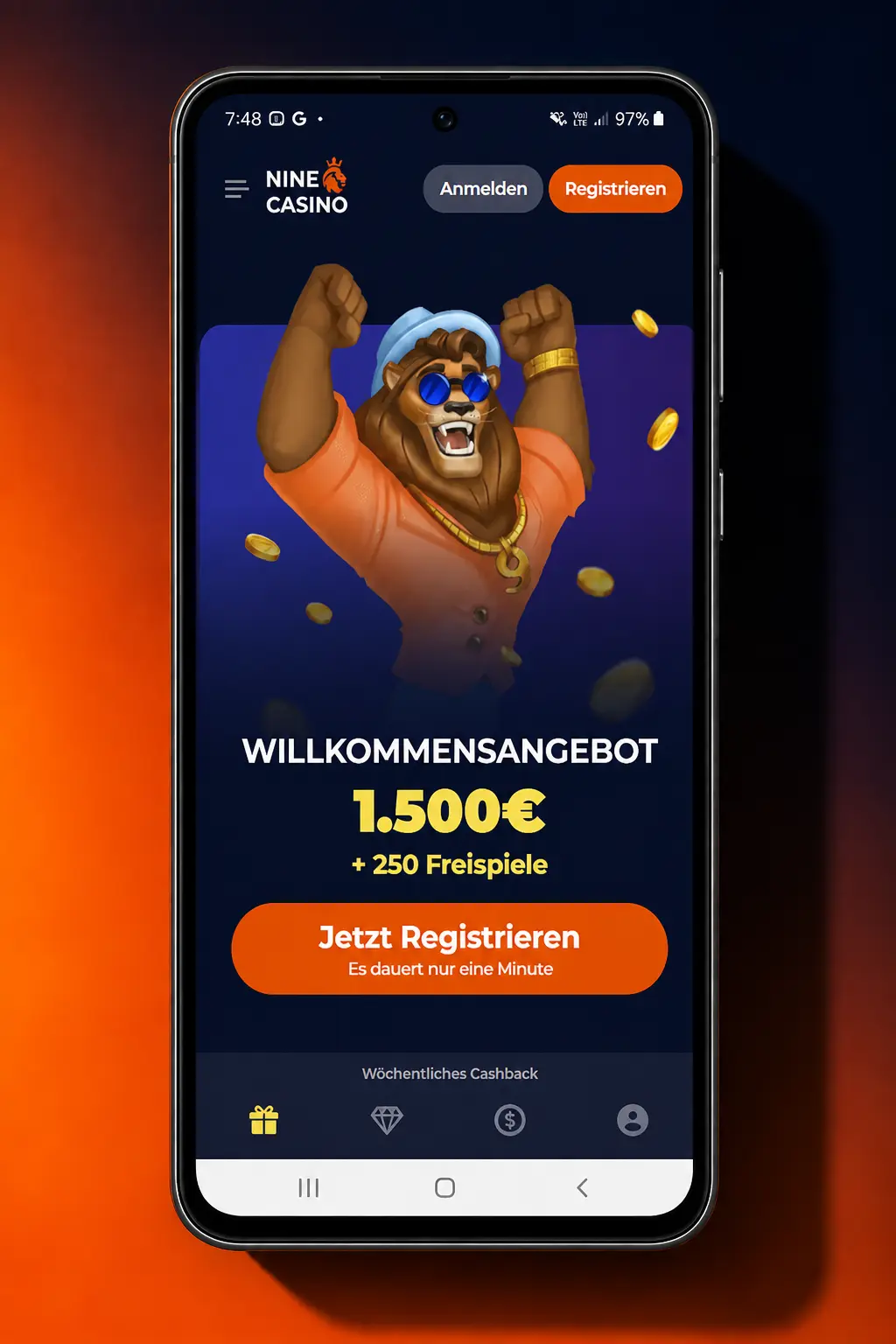 Smartphone zeigt Nine Casino App APK-Download und Installationsschritte für Android